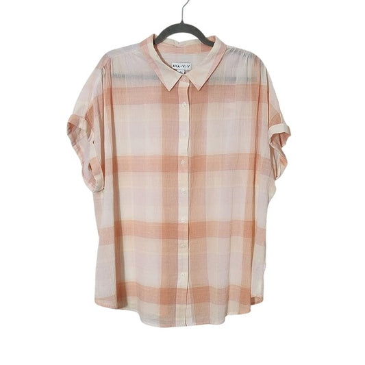 Ava & Viv Pink and Orange Plaid Button-Up Shirt Size 2X Plaid Sheer Top