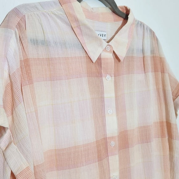 Ava & Viv Pink and Orange Plaid Button-Up Shirt Size 2X Plaid Sheer Top
