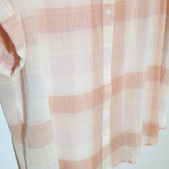 Ava & Viv Pink and Orange Plaid Button-Up Shirt Size 2X Plaid Sheer Top