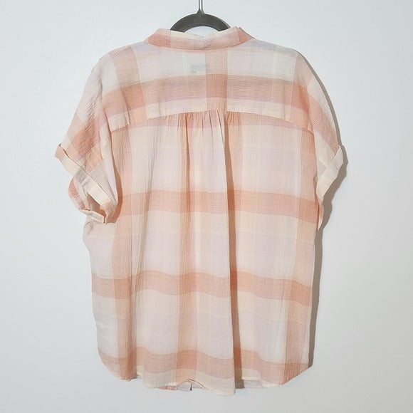 Ava & Viv Pink and Orange Plaid Button-Up Shirt Size 2X Plaid Sheer Top