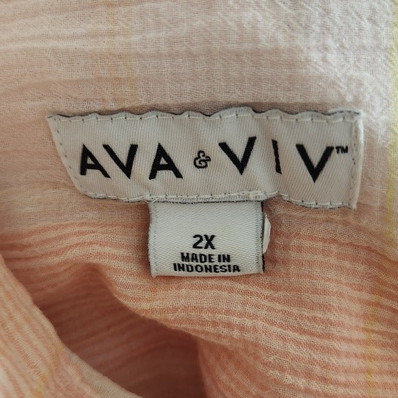 Ava & Viv Pink and Orange Plaid Button-Up Shirt Size 2X Plaid Sheer Top