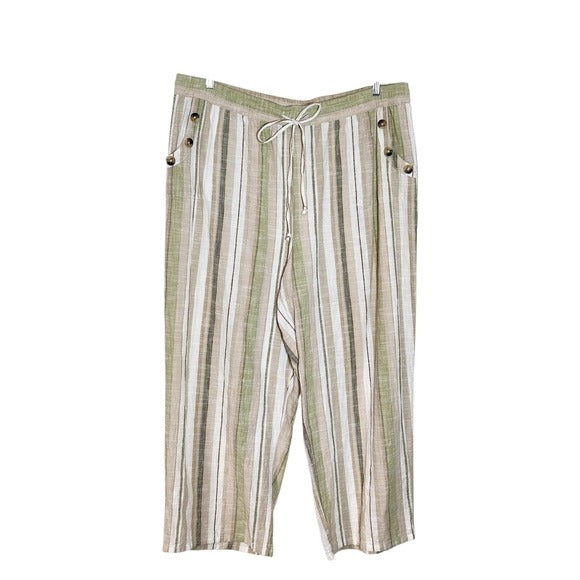 Mlle Gabrielle Tan and Green Striped Cotton Wide Leg Pull-on Pants Size 3X