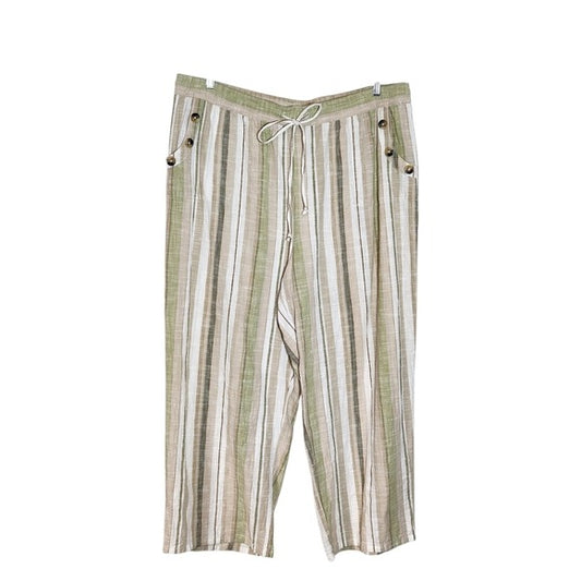 Mlle Gabrielle Tan and Green Striped Cotton Wide Leg Pull-on Pants Size 3X