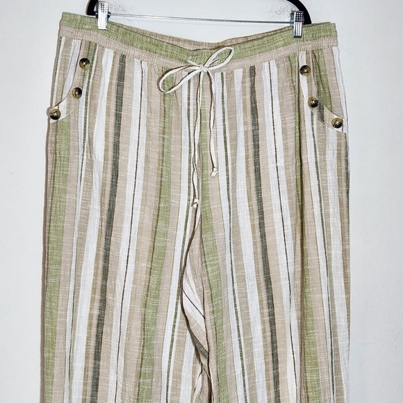 Mlle Gabrielle Tan and Green Striped Cotton Wide Leg Pull-on Pants Size 3X