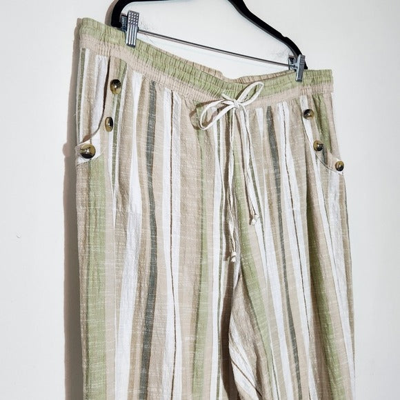 Mlle Gabrielle Tan and Green Striped Cotton Wide Leg Pull-on Pants Size 3X