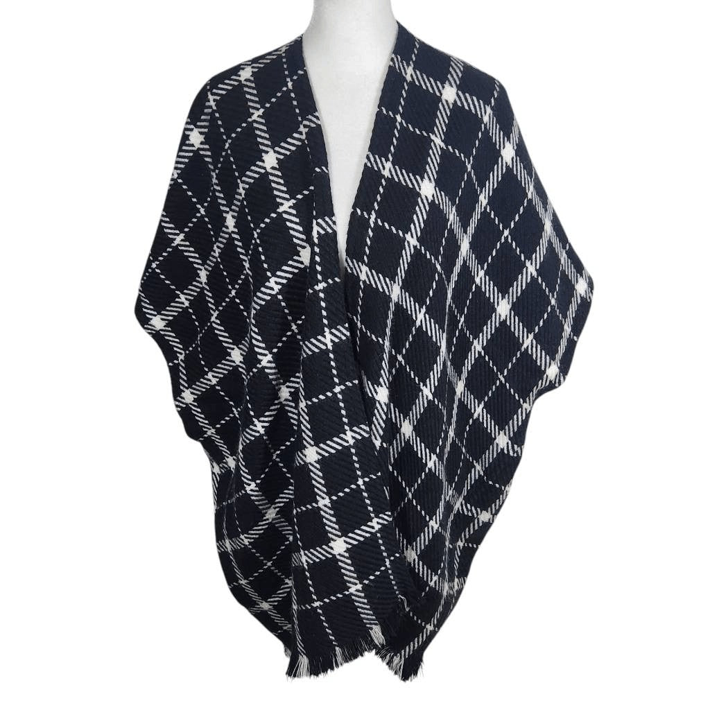 Loft Black and White Plaid Woven Knit Wrap Size XS/Small Black Wrap with Sleeves