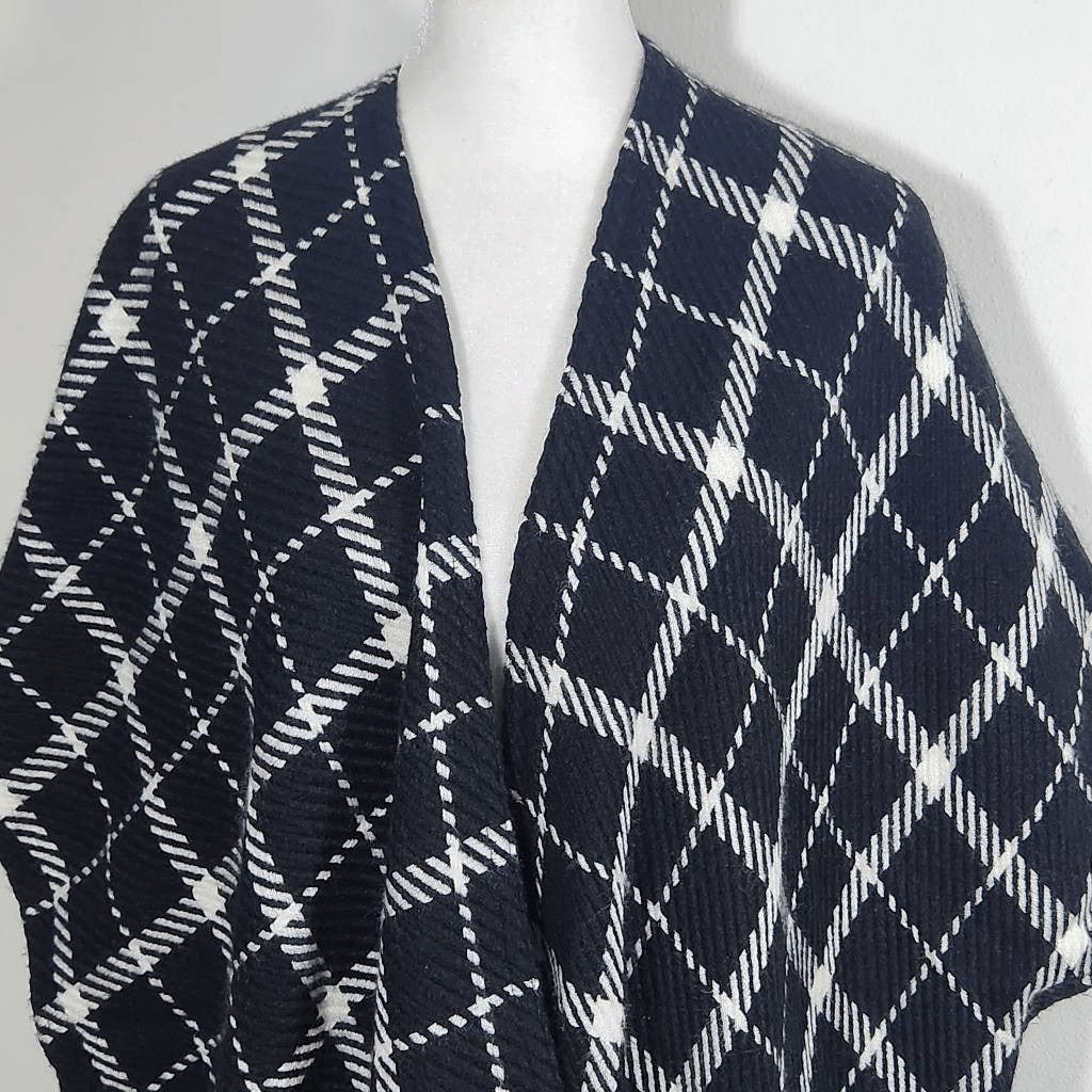 Loft Black and White Plaid Woven Knit Wrap Size XS/Small Black Wrap with Sleeves