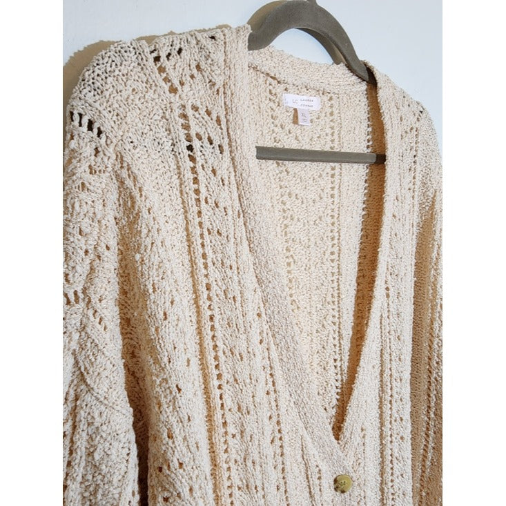 LC Lauren Conrad Cream Pointelle Knit Button Up Cardigan Sweater Size XL
