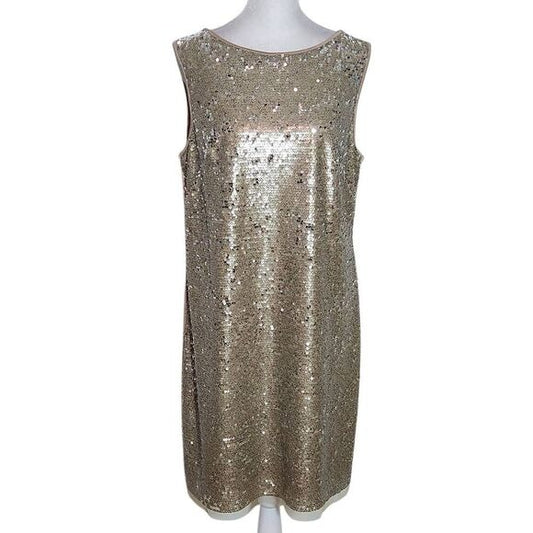 Suzi Chin for Maggy Boutique Gold Sequin Sleeveless Shift Dress NWT Size 12