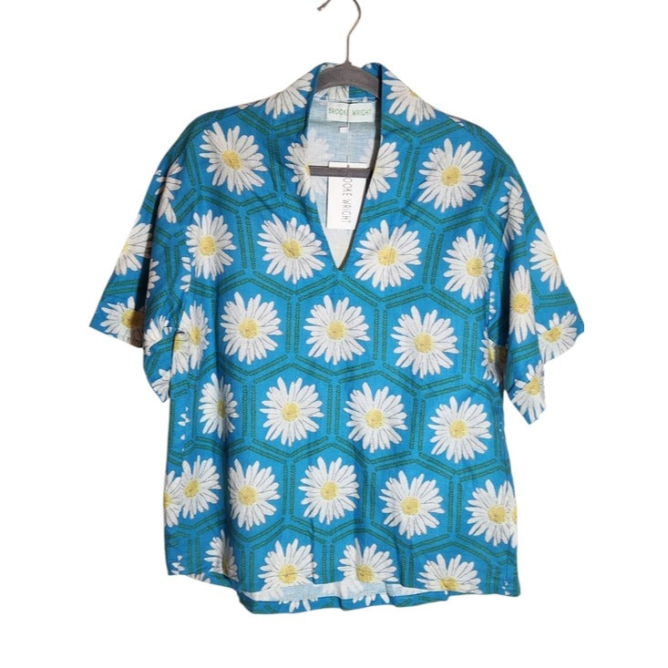 Brooke Wright Blue Daisy Print Linen Blend V-Neck Blouse Size Approx XL NWT