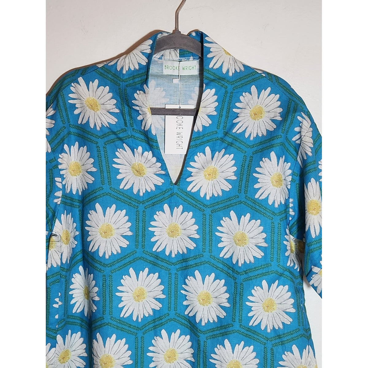 Brooke Wright Blue Daisy Print Linen Blend V-Neck Blouse Size Approx XL NWT