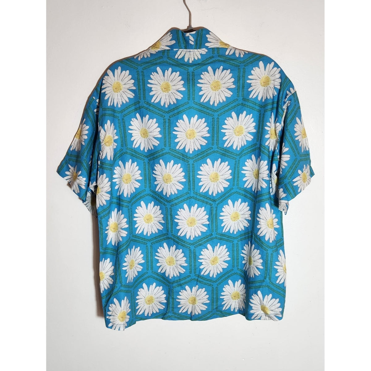 Brooke Wright Blue Daisy Print Linen Blend V-Neck Blouse Size Approx XL NWT