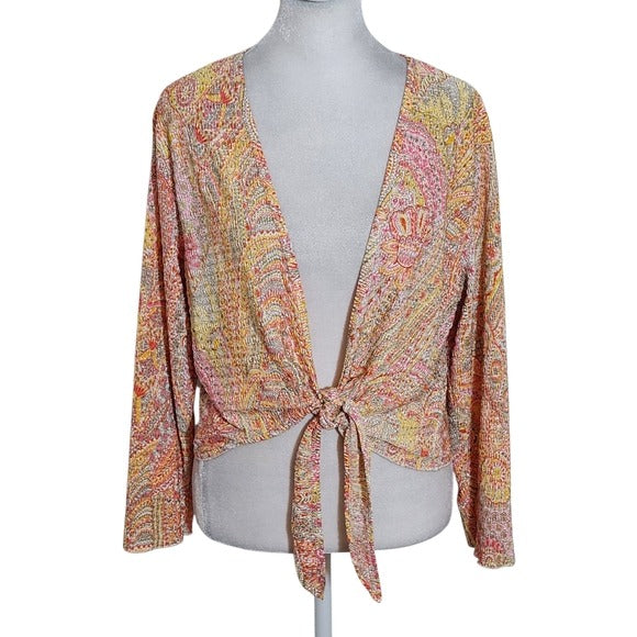 Pleat Pleat by Rafael Orange and Pink Paisley Tie-Front Top Size Large