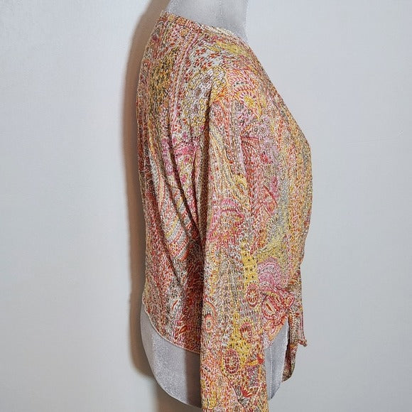 Pleat Pleat by Rafael Orange and Pink Paisley Tie-Front Top Size Large