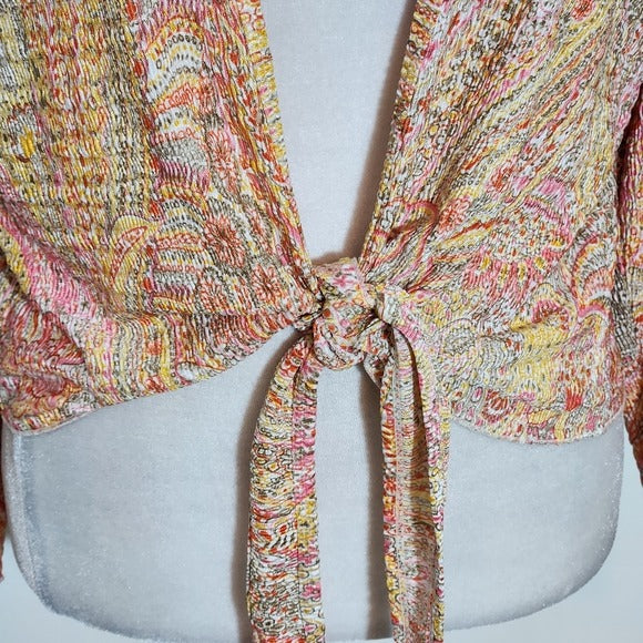 Pleat Pleat by Rafael Orange and Pink Paisley Tie-Front Top Size Large