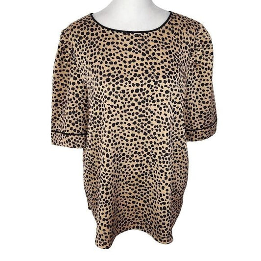 Loft Leopard Print Puffy Sleeve Blouse Size Large Tan and Black Leopard Top