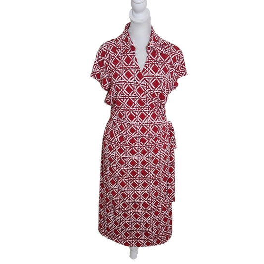 NY Collection Red and White Print Wrap Dress Size Large