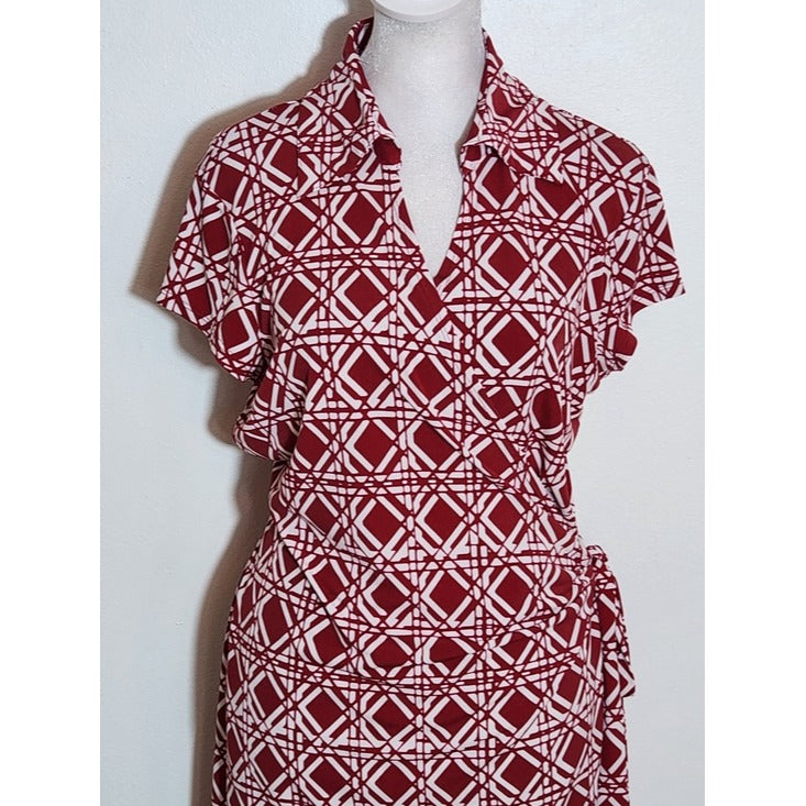 NY Collection Red and White Print Wrap Dress Size Large