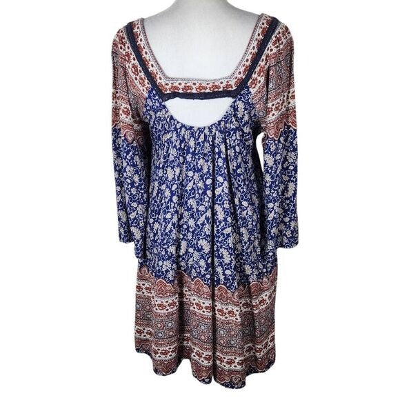 Blu Pepper Blue and Red Floral Boho Mini Dress Size Medium