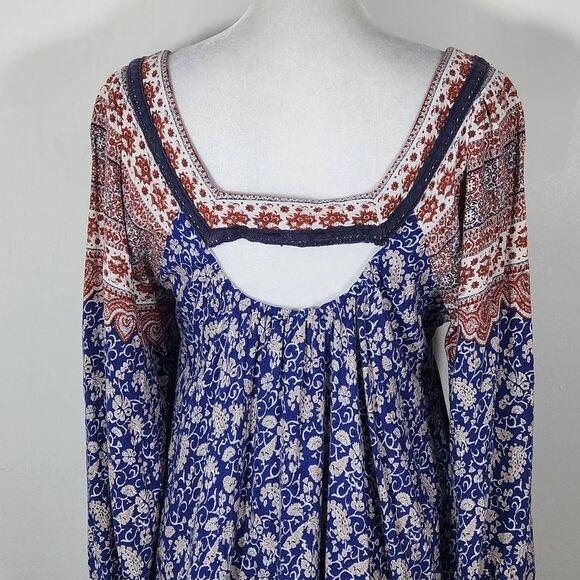 Blu Pepper Blue and Red Floral Boho Mini Dress Size Medium