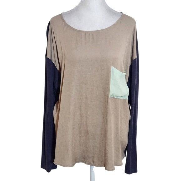 Dolan Colorblock Long Sleeve Top Size Large Tan and Navy Blouse