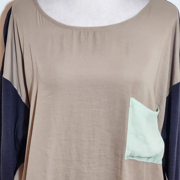 Dolan Colorblock Long Sleeve Top Size Large Tan and Navy Blouse