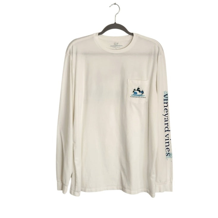 Vineyard Vines White and Blue Yeti Whale Long Sleeve Tee Size Large