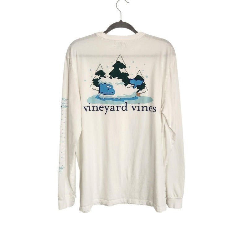 Vineyard Vines White and Blue Yeti Whale Long Sleeve Tee Size Large