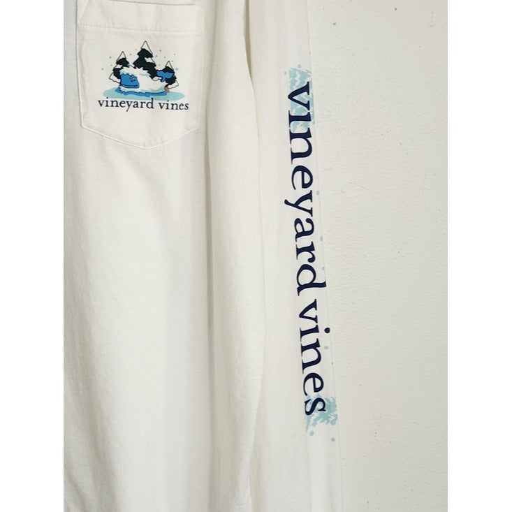 Vineyard Vines White and Blue Yeti Whale Long Sleeve Tee Size Large