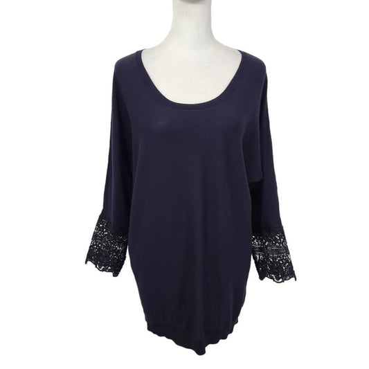 Talbots Navy Top with Crochet Sleeves Size Medium Petite Navy Crochet Top