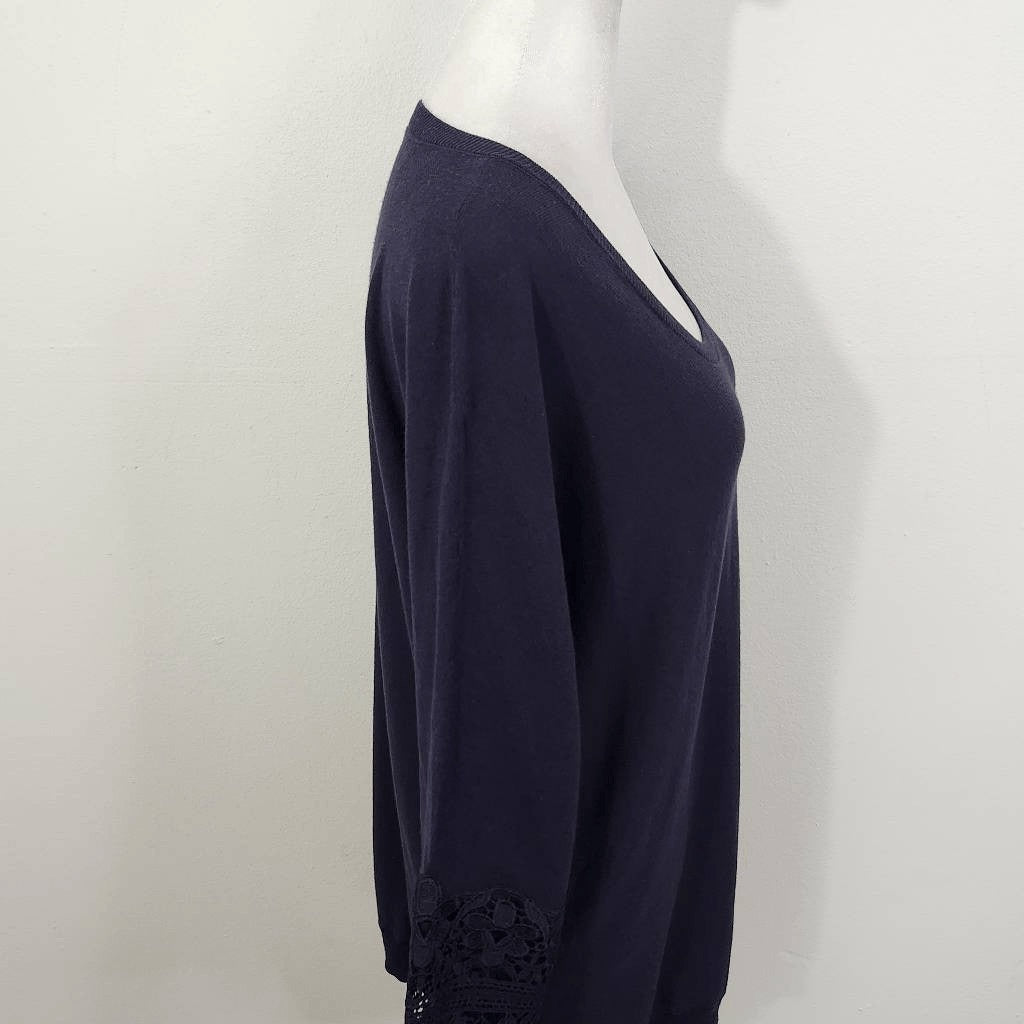 Talbots Navy Top with Crochet Sleeves Size Medium Petite Navy Crochet Top
