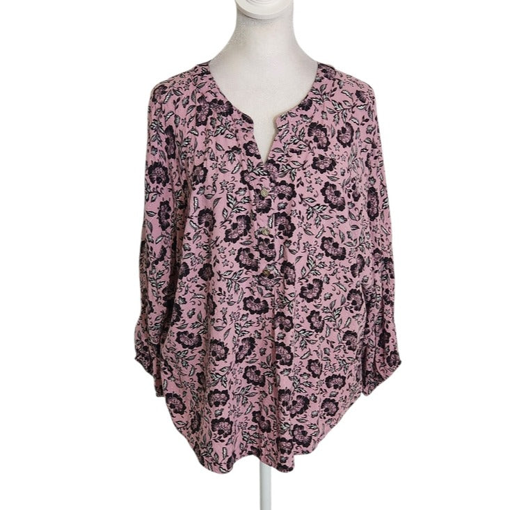 Adrienne Vittadini Dolman Sleeve Purple and Black Floral Print Blouse Size Large