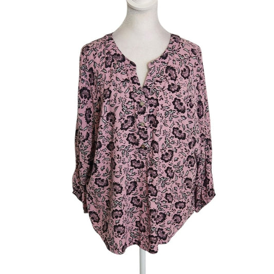 Adrienne Vittadini Dolman Sleeve Purple and Black Floral Print Blouse Size Large