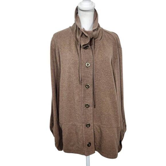 Ruby Rd. Brown Funnel Neck Button-Up Knit Jacket Sz XL Lightweight Brown Jacket