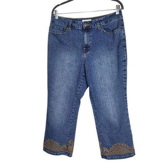 Coldwater Creek Boho Capri Jeans with Brown Embroidery Size 14