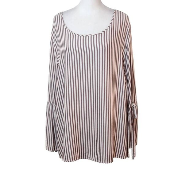 Como Blu Oxblood Stripe Blouse with Bell Sleeves Size 2X Burgundy and White Top