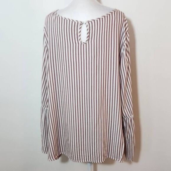 Como Blu Oxblood Stripe Blouse with Bell Sleeves Size 2X Burgundy and White Top