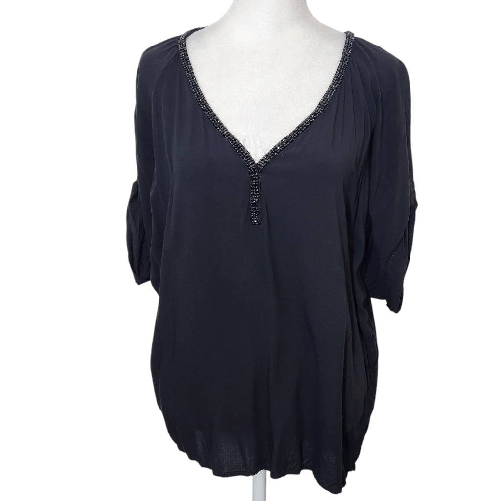 Juicy Couture Black Blouse with Beaded Neckline Size Small Black V-Neck Blouse