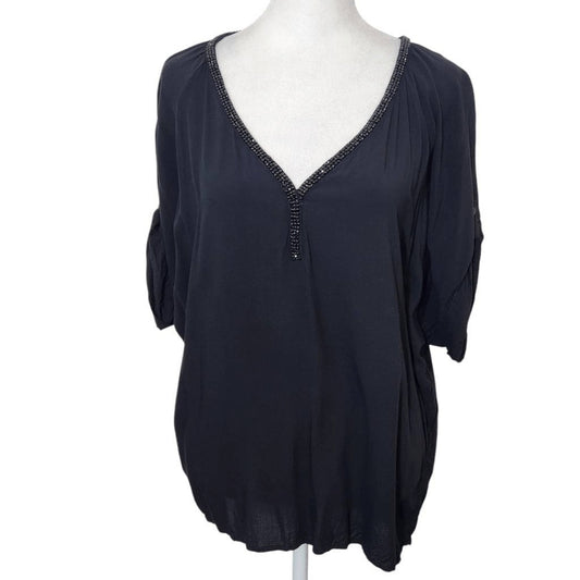 Juicy Couture Black Blouse with Beaded Neckline Size Small Black V-Neck Blouse