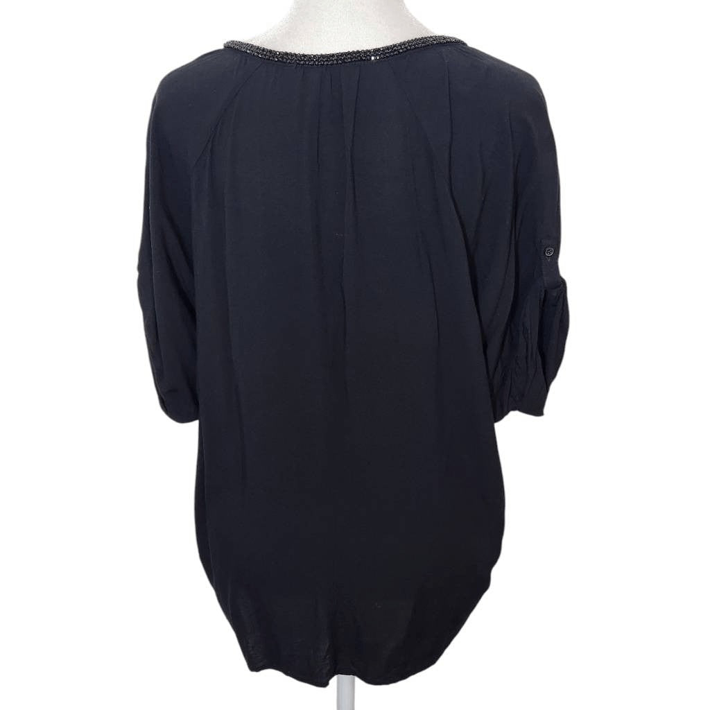 Juicy Couture Black Blouse with Beaded Neckline Size Small Black V-Neck Blouse