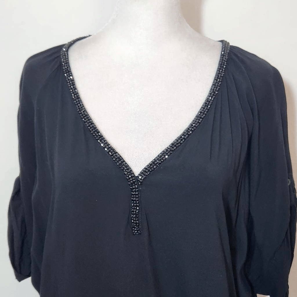 Juicy Couture Black Blouse with Beaded Neckline Size Small Black V-Neck Blouse