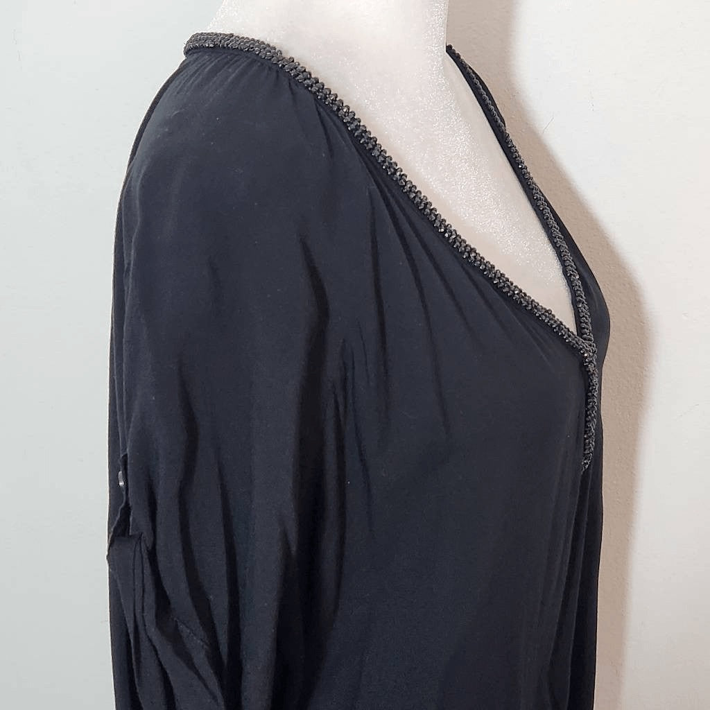 Juicy Couture Black Blouse with Beaded Neckline Size Small Black V-Neck Blouse