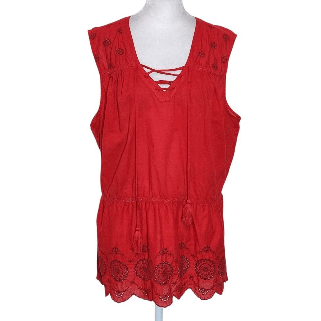 St. John's Bay Red Sleeveless Cotton Blouse with Eyelet Embroidery Size XL