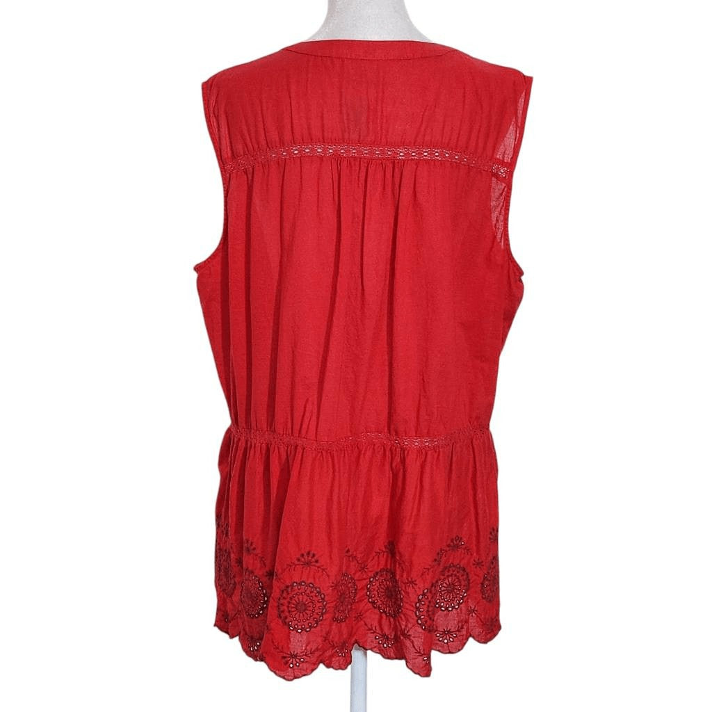 St. John's Bay Red Sleeveless Cotton Blouse with Eyelet Embroidery Size XL