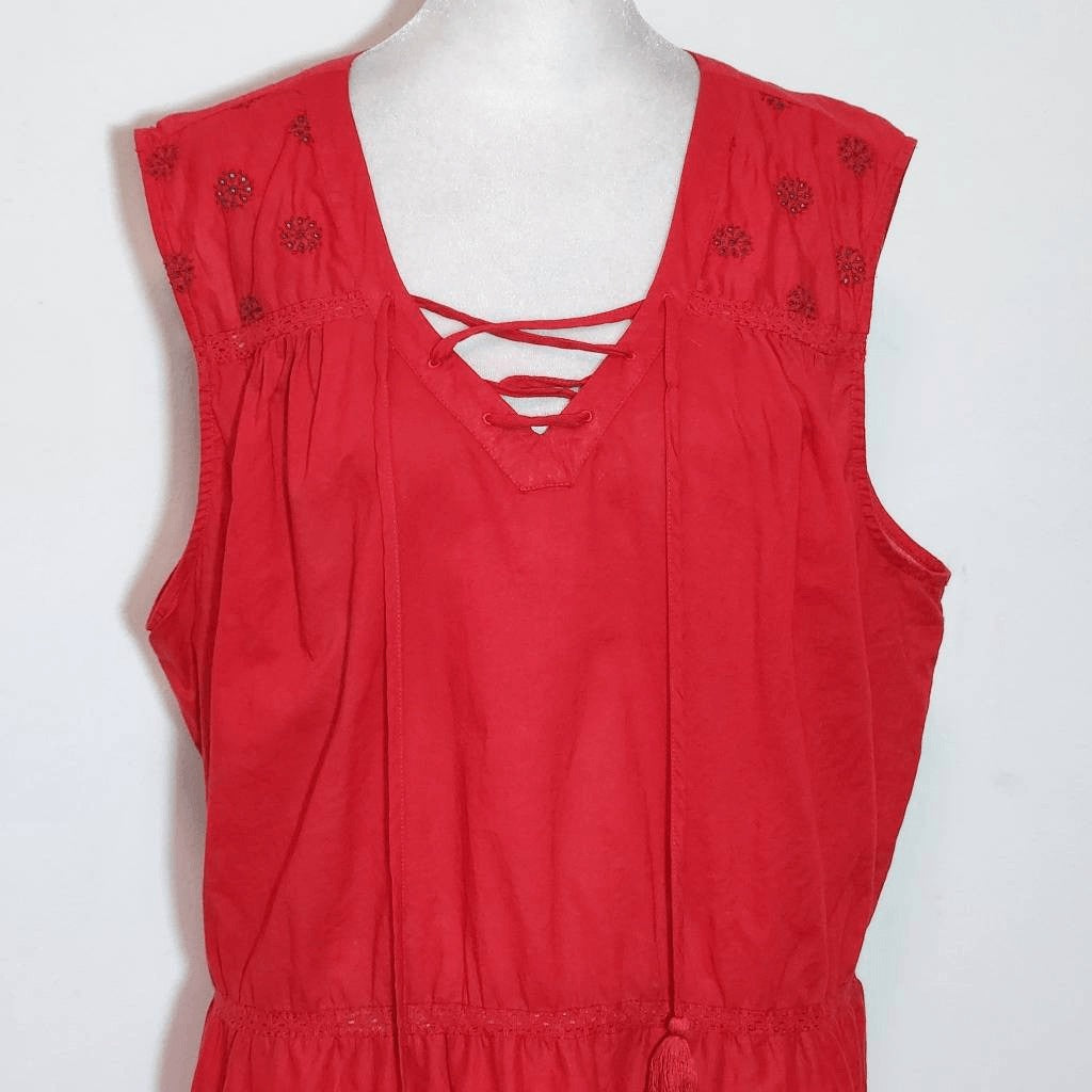 St. John's Bay Red Sleeveless Cotton Blouse with Eyelet Embroidery Size XL