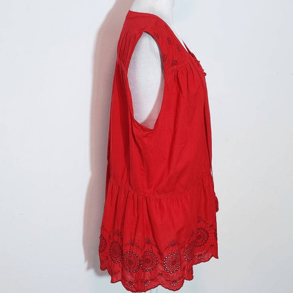 St. John's Bay Red Sleeveless Cotton Blouse with Eyelet Embroidery Size XL