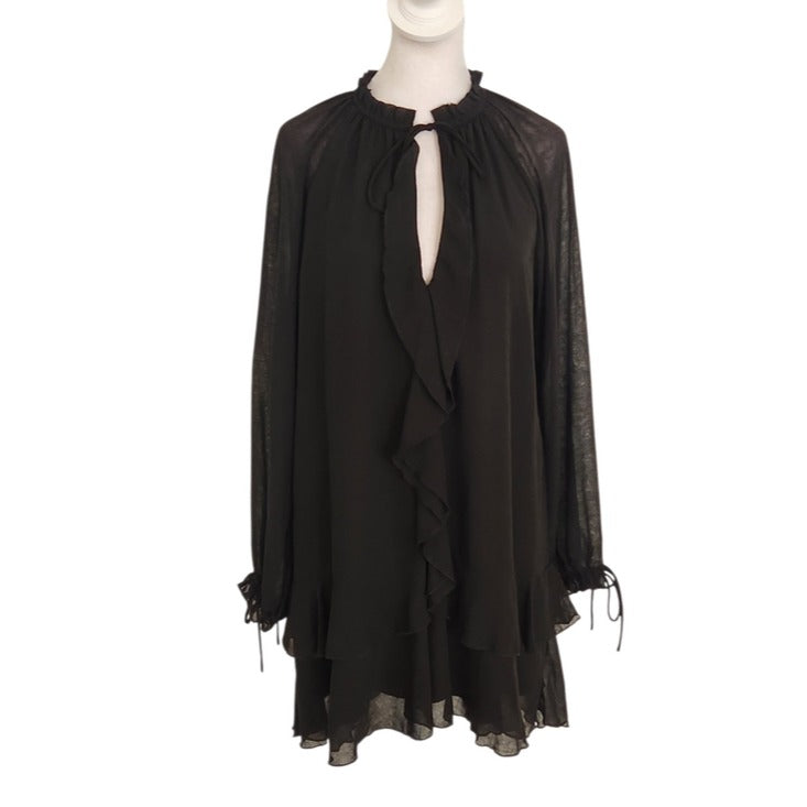 Thirty Thirty Black Sheer Long Sleeve Ruffle Trim Mini Dress Size Medium