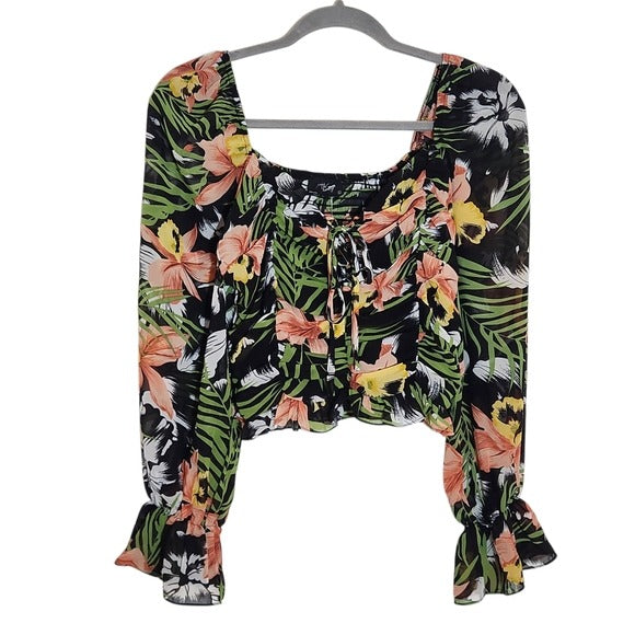 Milk & Honey Black Floral Lace-Up Cropped Blouse Size Large NWOT