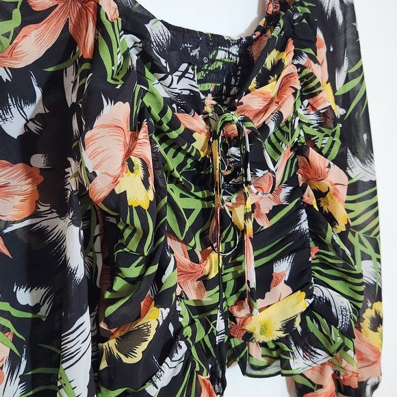 Milk & Honey Black Floral Lace-Up Cropped Blouse Size Large NWOT