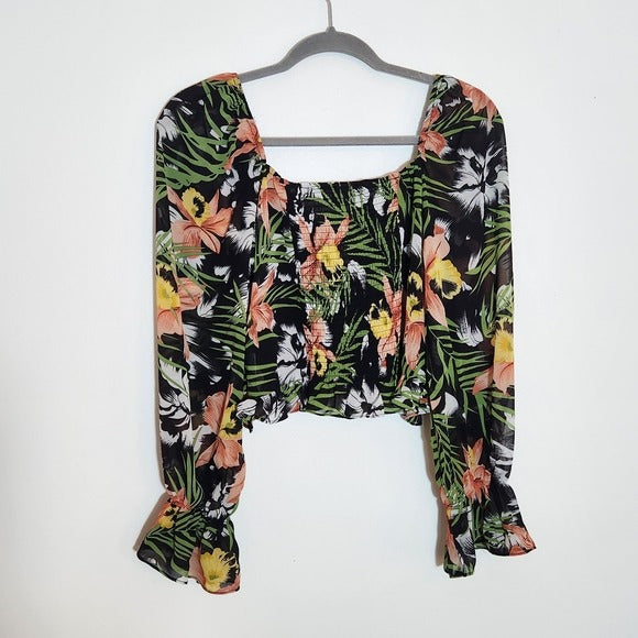 Milk & Honey Black Floral Lace-Up Cropped Blouse Size Large NWOT